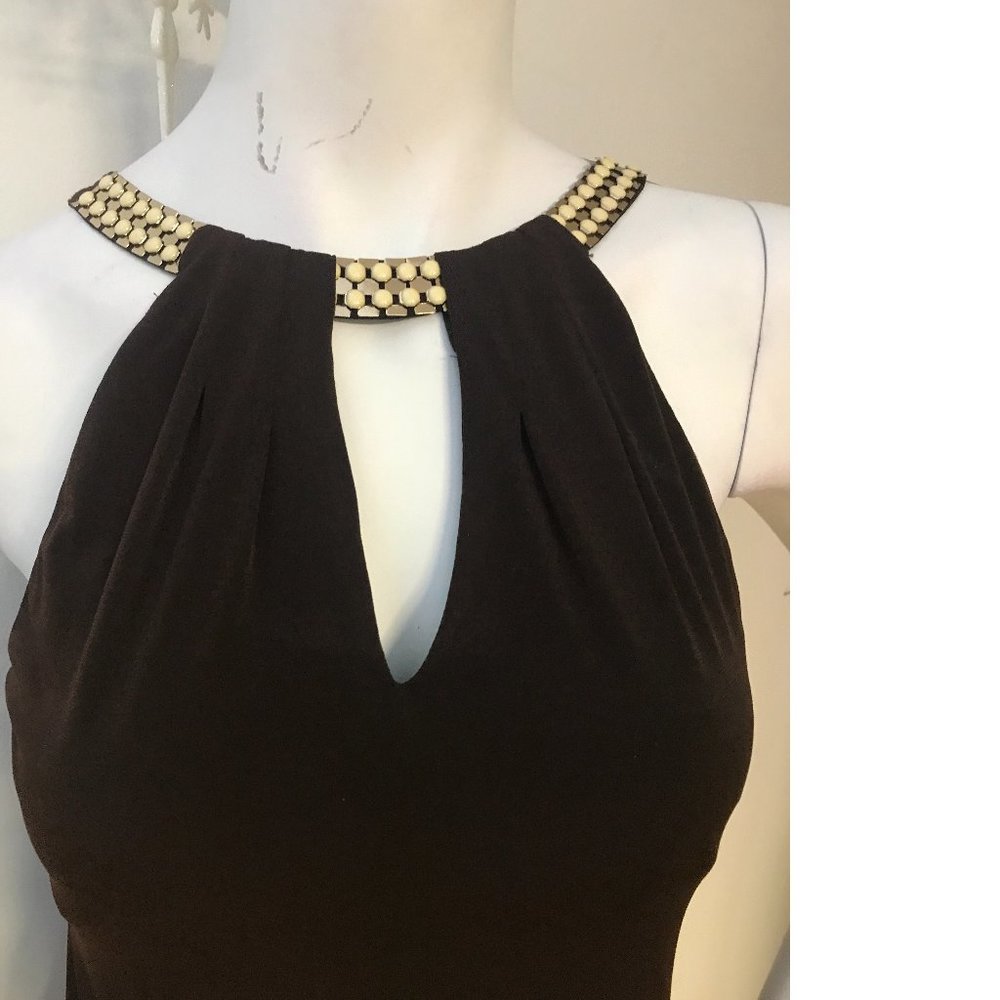 Le Chateau dark Brown halter pica-boo top blouse tank Gold enamel necklace NWT